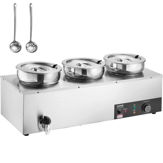 VEVOR Electric Soup Warmer, Three 7.4QT Stainless Steel Round Pot, 1200W Commercial Food Warmer, 86~185°F Adjustable Temp, Bain Marie with Anti-Dry Burn and Reset Button, for Restaurant, Buffet