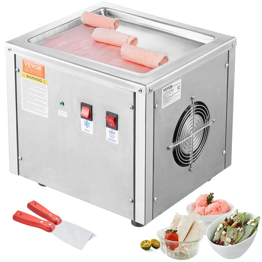 VEVOR Fried Ice Cream Roll Machine, 11" x 9.5" Stir-Fried Ice Cream Pan, Stainless Steel Rolled Ice Cream Maker with Compressor and 2 Scrapers, for Making Ice Cream, Frozen Yogurt, Ice Cream Rolls