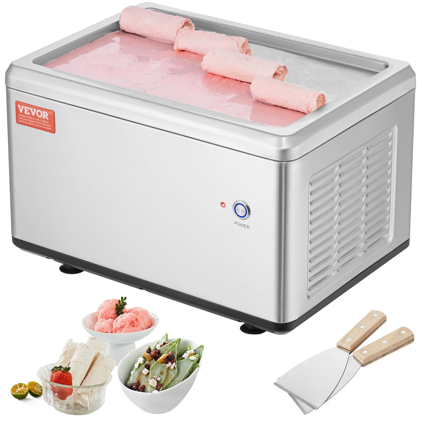 VEVOR Fried Ice Cream Roll Machine, 12.6" x 8.5" Stir-Fried Ice Cream Pan, Stainless Steel Rolled Ice Cream Maker with Compressor and 2 Scrapers, for Making Ice Cream,Frozen Yogurt,Ice Cream Rolls