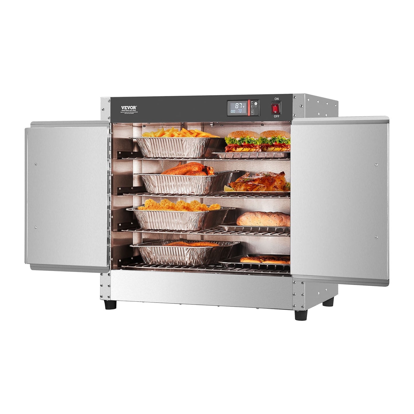 VEVOR Hot Box Food Warmer, 4-Tier Concession Warmer with Water Tray, 4 Pans, Double-door and Adjustable Shelves, Stainless Steel Food Warmer Cabinet