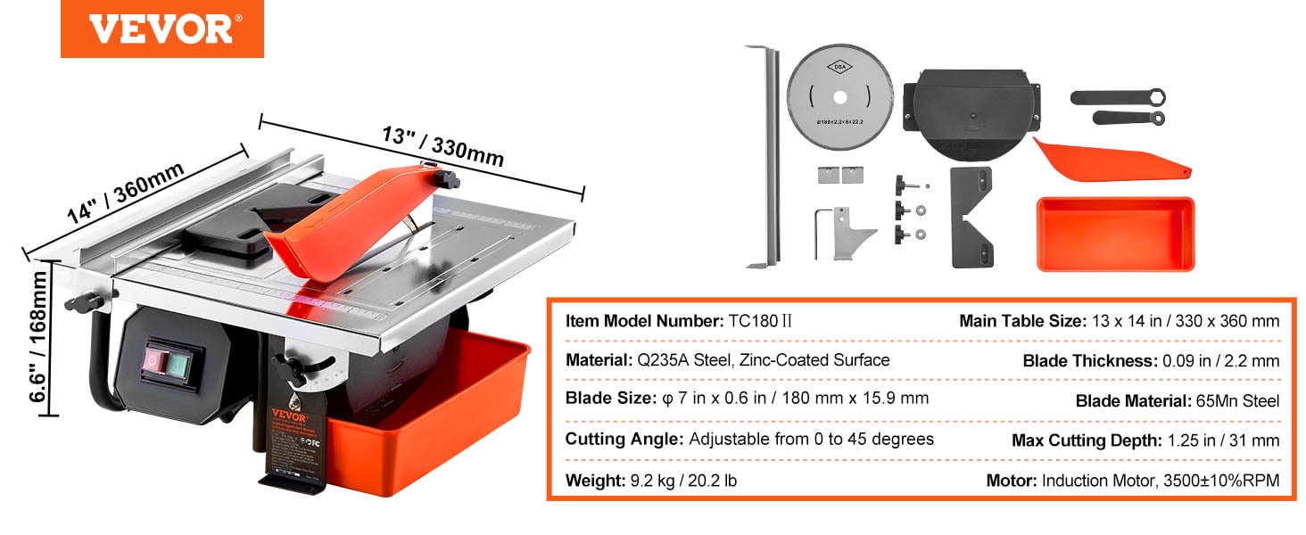 VEVOR Wet Tile Saw 7-inch 65Mn Steel Blade 3500 RPM Induction Motor Tile Cutter Wet Saw with Water Reservoir 0-45 Degrees Angle