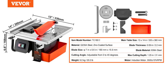 VEVOR Wet Tile Saw 7-inch 65Mn Steel Blade 3500 RPM Induction Motor Tile Cutter Wet Saw with Water Reservoir 0-45 Degrees Angle