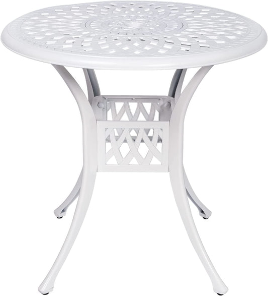 VIVIJASON 30.8" Patio Bistro Table Outdoor Dining Round Table White Cast Aluminum Table with Umbrella Hole