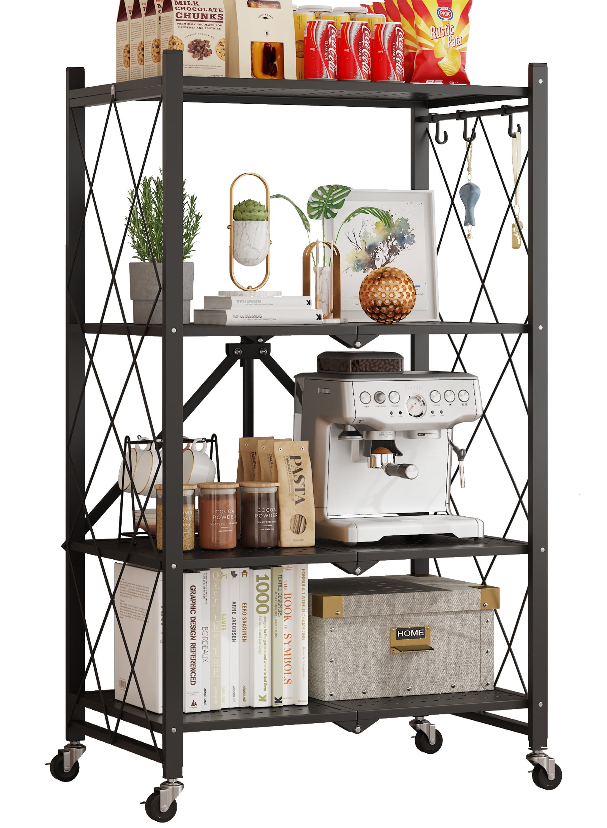 Vebreda 4-Tier Storage Shelf Foldable Metal Shelving Units with Wheels, Black