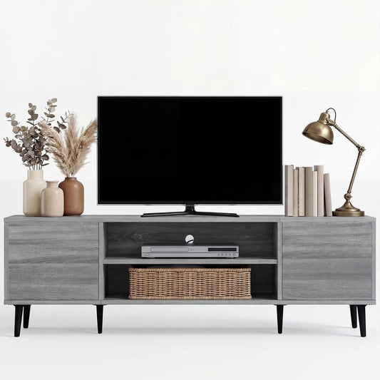 Vineego TV Stand for 55 Inch TV with 2 Push-to-Open Doors, Mid-Century Modern Media Console with Open Shelves, Entertainment Center for Living Room Bedroom, Brown