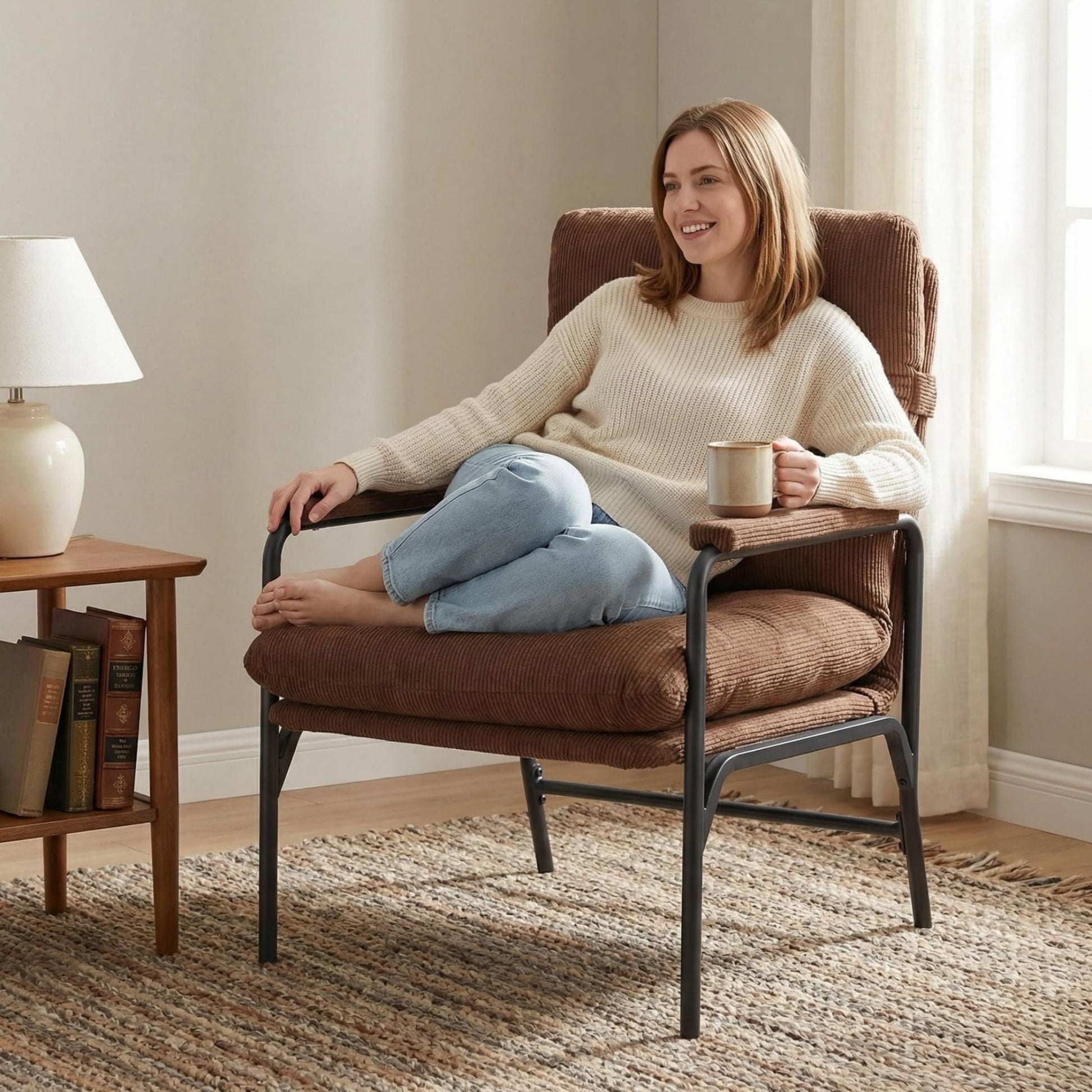 Vinform Modern Accent Chair, Arm Chair with Adjustable Backrest, Metal Frame for Living Room, Corduroy, Brown