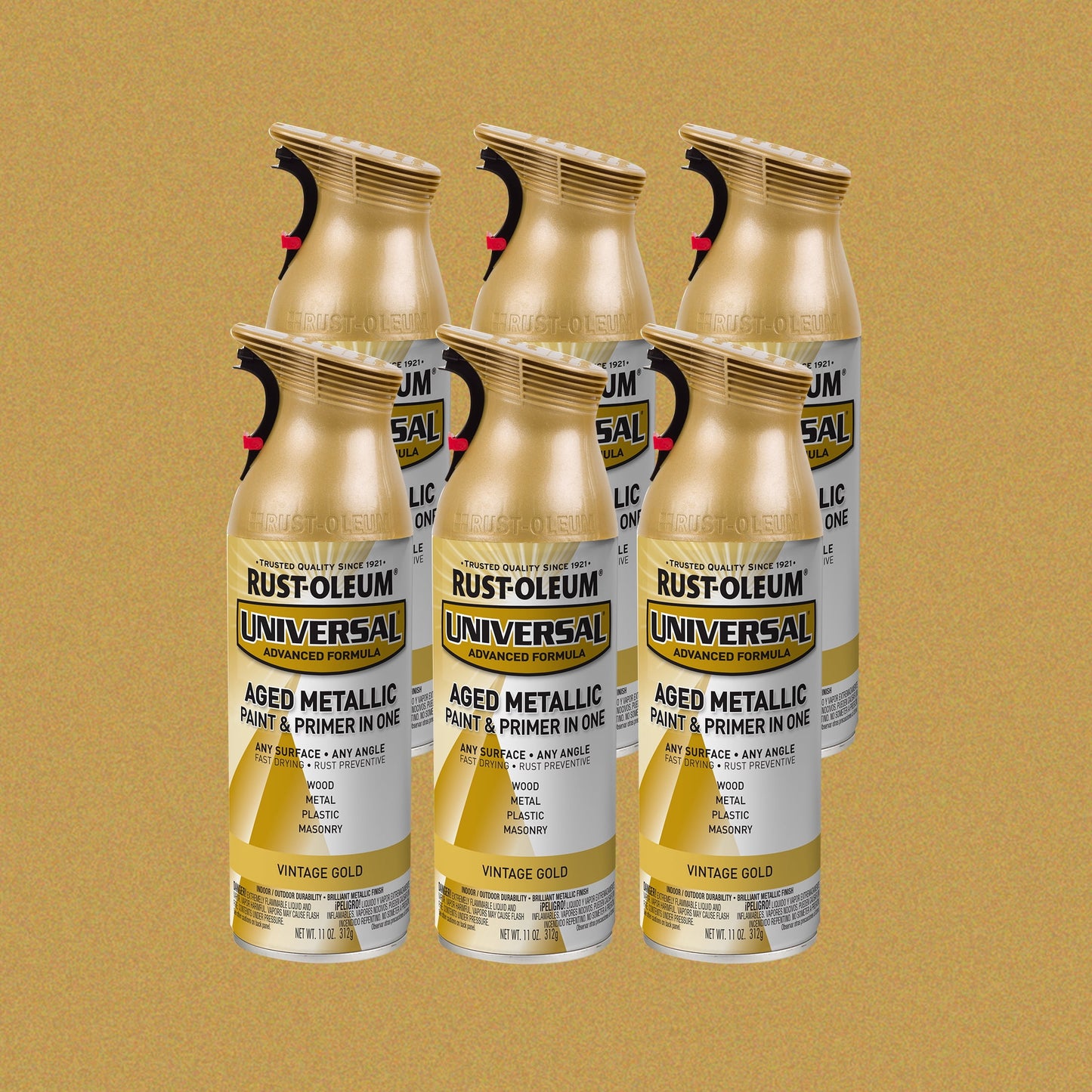 6 Pack, Vintage Gold, Rust-Oleum Universal All Surface Interior/Exterior Metallic Spray Paint-342918, 11 oz