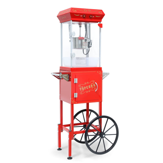 Vintage Style Popcorn Machine with Cart, 6 Oz Kettle, LED Light, Stainless Steel Pot, Red Popcorn Maker for Home & Events