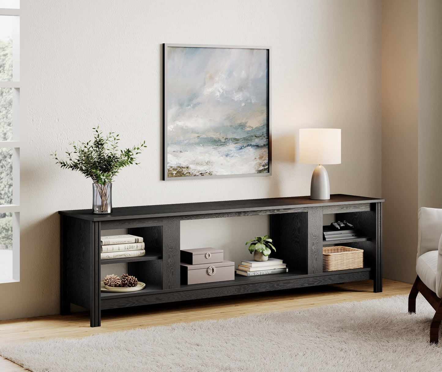 WAMPAT 70â€ Black Entertainment Center for 50-75 Inch TVs, Rustic TV Stand with Solid Wood Legs