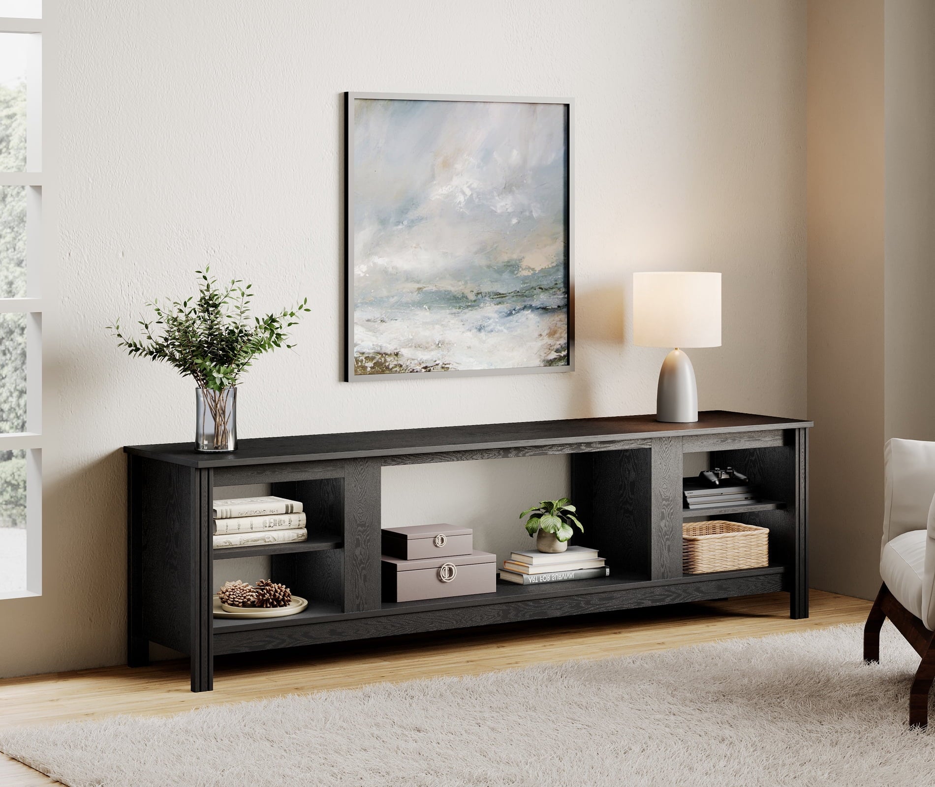 WAMPAT 70â€ Black Entertainment Center for 50-75 Inch TVs, Rustic TV Stand with Solid Wood Legs