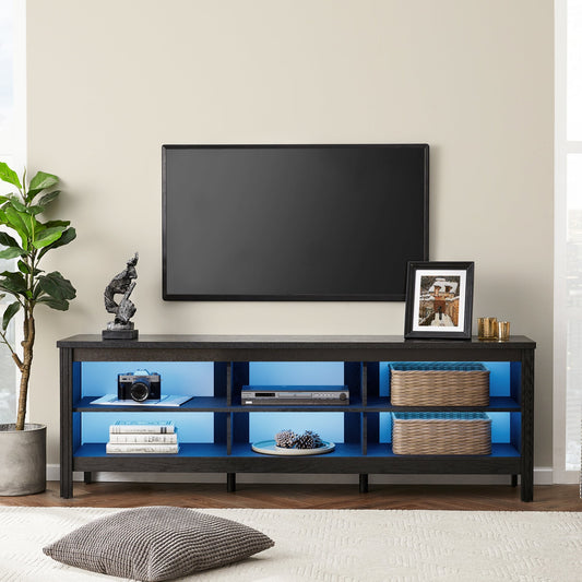 WAMPAT Farmhouse TV Stand for 75" Flat Screen, Wood Entertainment Center with LED Light for Living Room, 70 inch, Espresso