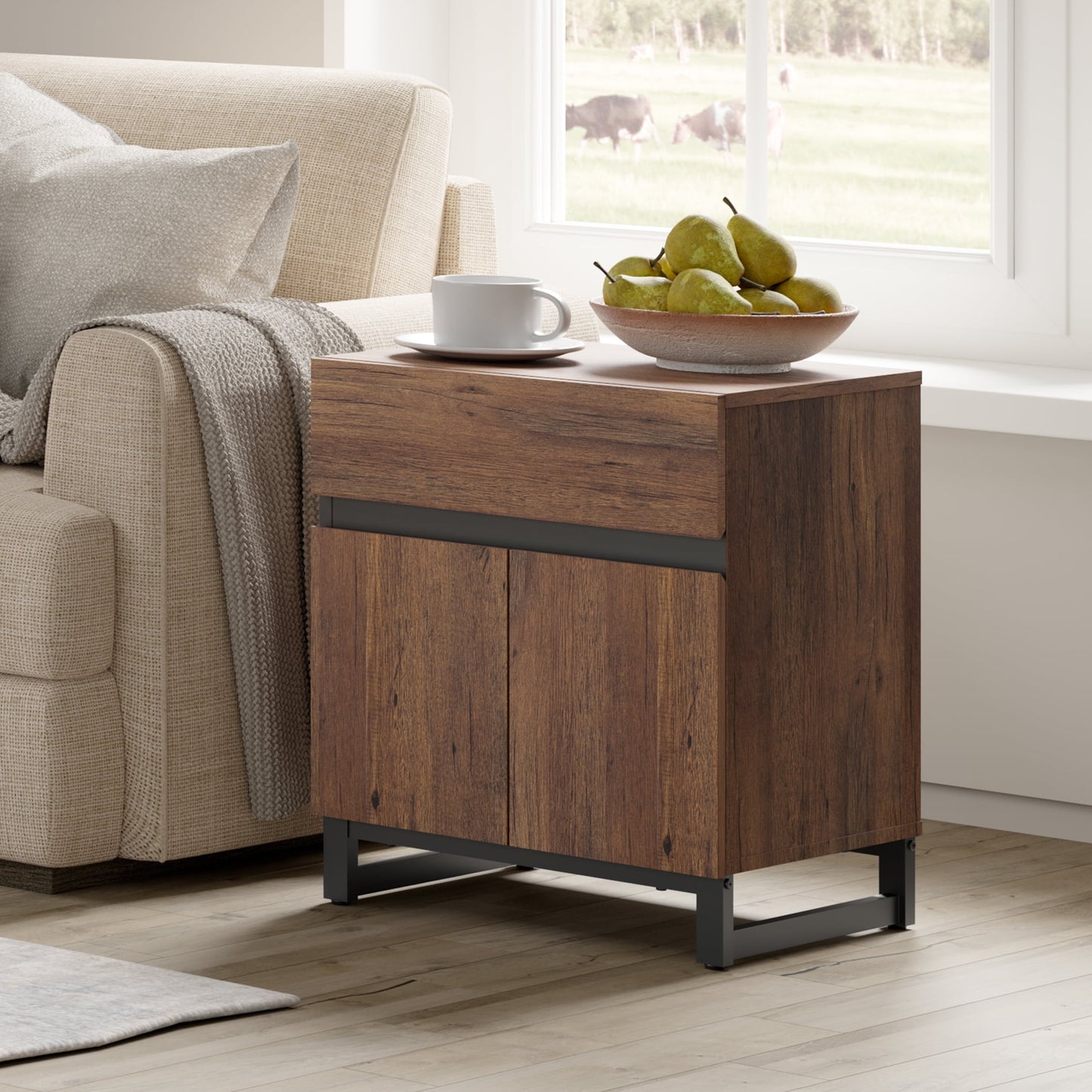 WAMPAT Modern Farmhouse End Tableï¼Œ1 Drawer & 1 Storage Cabinet with 2 Open Doorsï¼ŒWood Rustic Sofa & Side Table for Living Room & Bedroom Nightstand