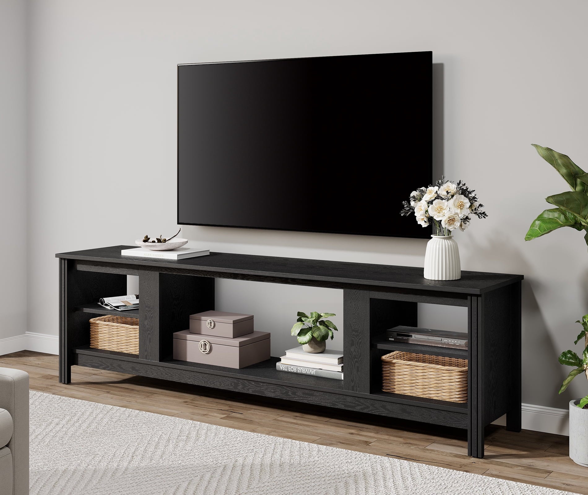 WAMPAT Rustic 70 Inch TV Stand for Up to 75â€ TV, Black Wooden Entertainment Center