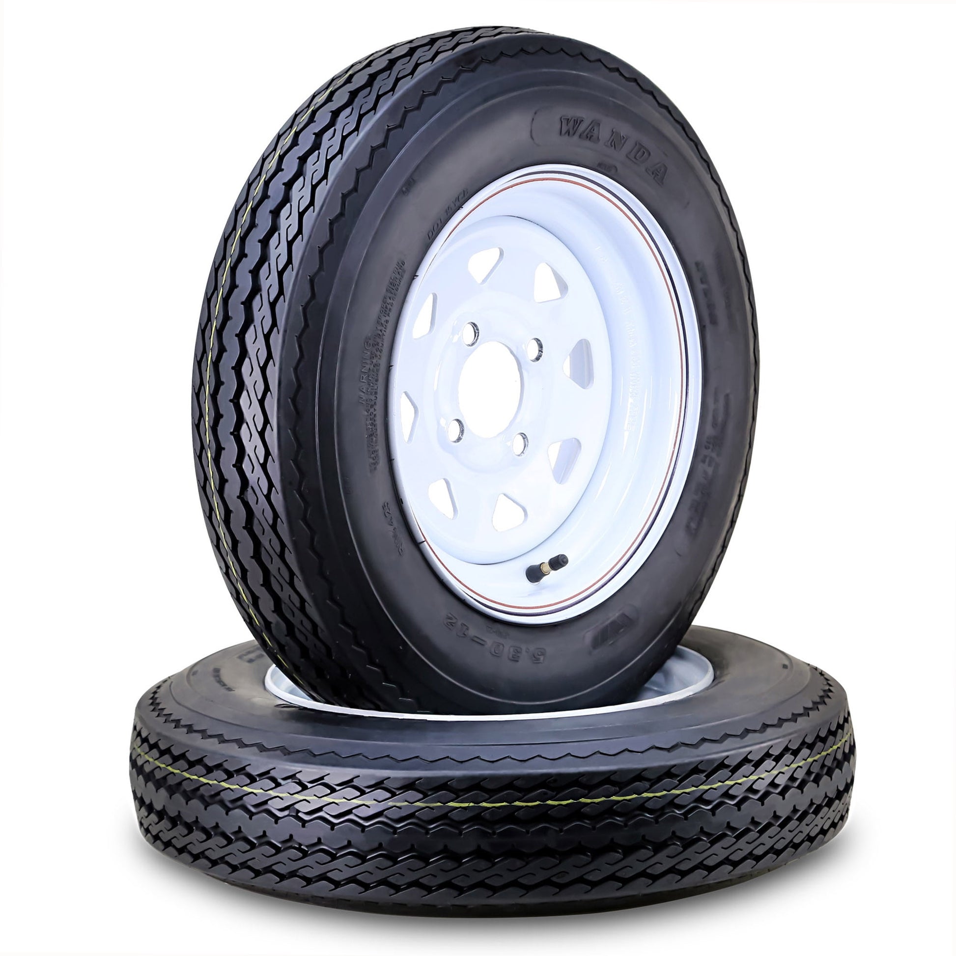 WANDA Trailer Tire Wheel Assembly 5.30-12 6-Ply C 82M 4 Lug on 4" PCD White Spoke Rim ,SET 2