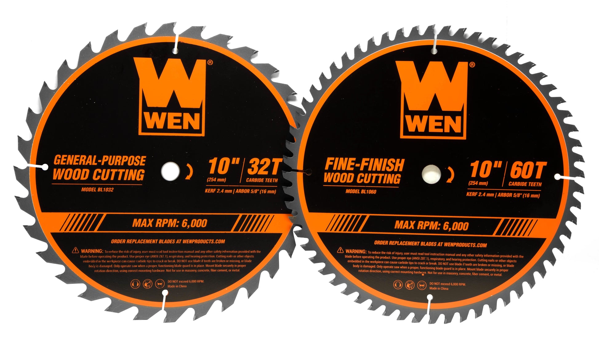 WEN 10-Inch 32-Tooth and 60-Tooth Carbide-Tipped Professional Woodworking Saw Blade Set, Two Pack, BL1032-2