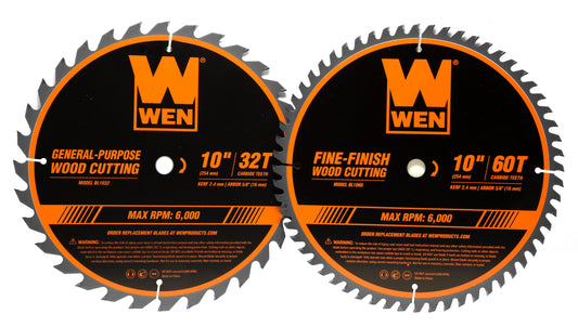WEN 10-Inch 32-Tooth and 60-Tooth Carbide-Tipped Professional Woodworking Saw Blade Set, Two Pack, BL1032-2