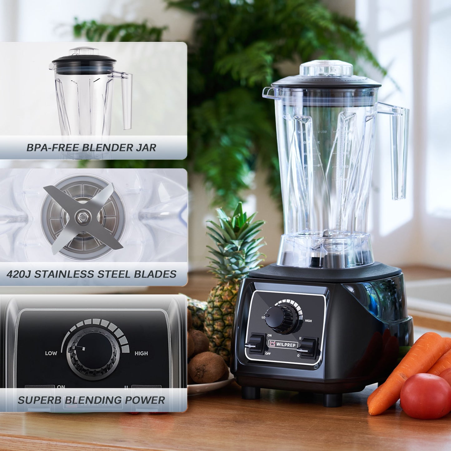 WILPREP Commercial Blender with 3 1/2 HP Motor, Stepless Speed Control, Toggle Switch, and 64 fl oz BPA Free Tritan Jar