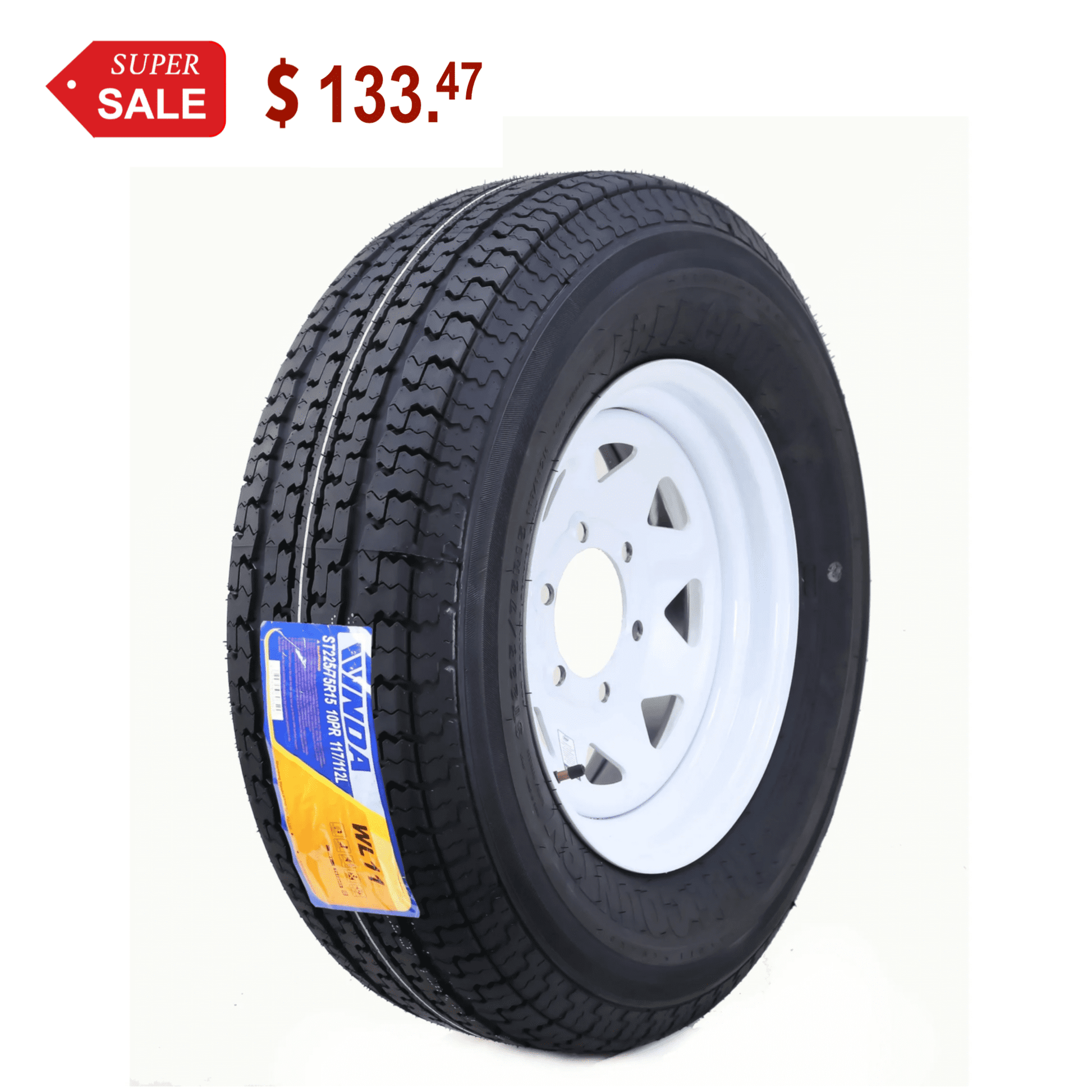 WINDA Trailer Tire Wheel Assembly ST225/75R15 10-Ply E 117L 6 Lug on 5.5" PCD White Spoke Rim