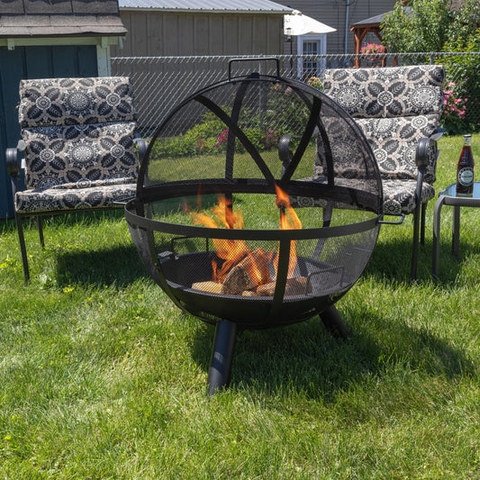 Pure Garden 30” Outdoor Fire Pit - Sphere Firepit with Grill for BBQ