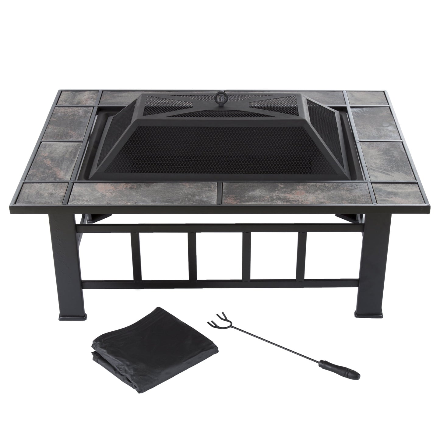 Pure Garden 37 inch Outdoor Fire Pit with Screen, Cover, and Poker (Black)