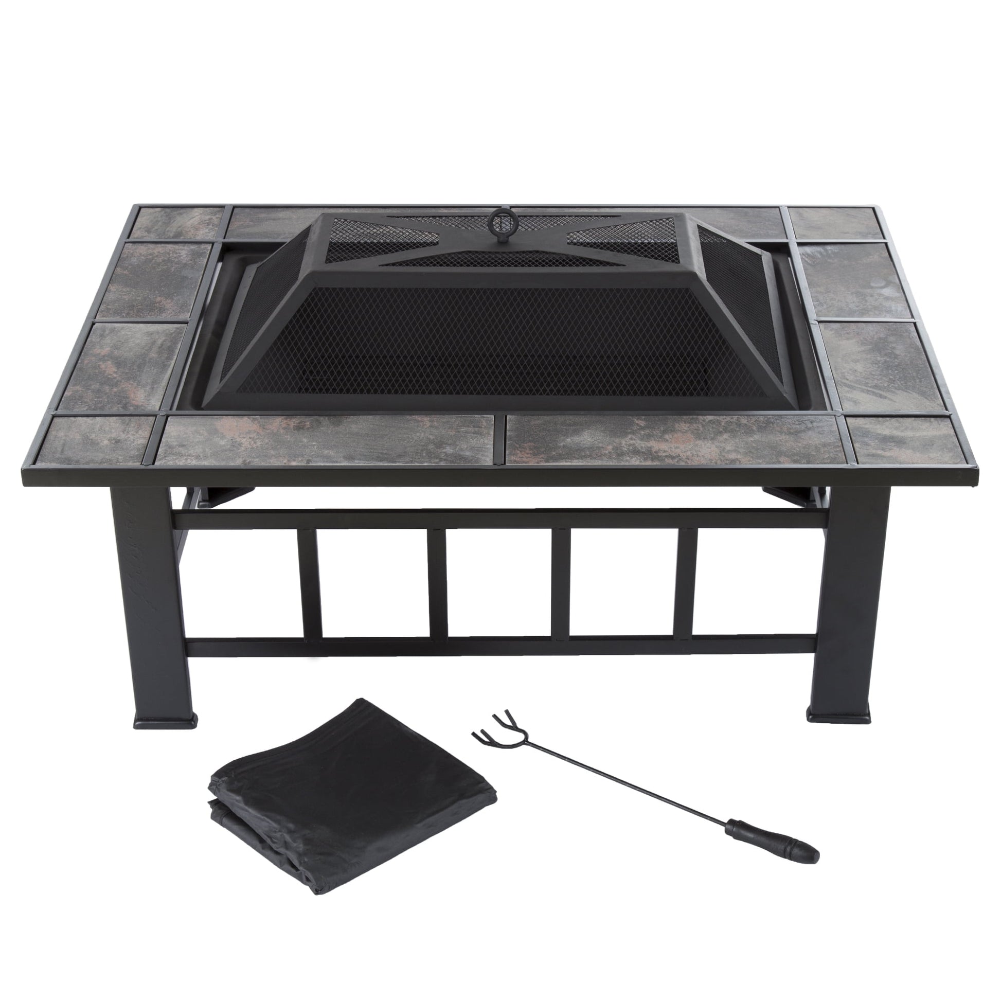 Pure Garden 37 inch Outdoor Fire Pit with Screen, Cover, and Poker (Black)