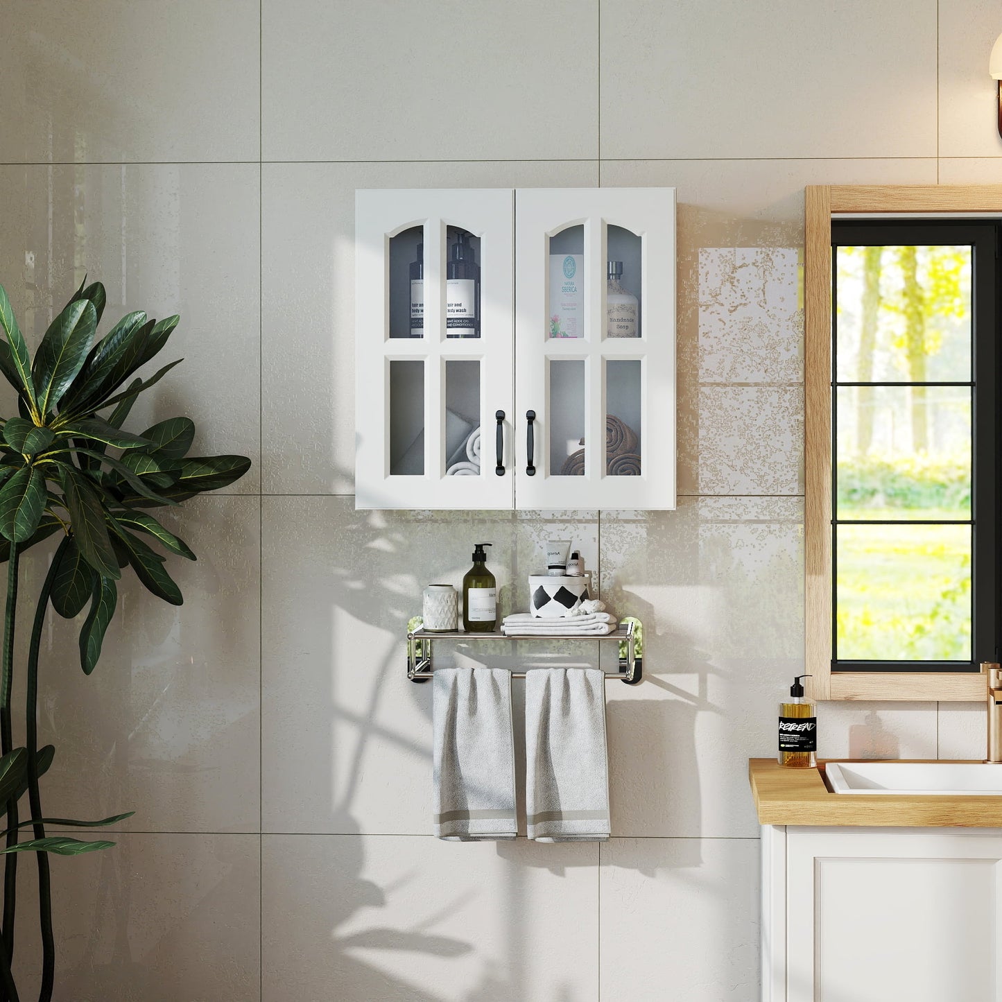 Wall Mounted Cabinet Glass Door Floating Storage Cabinet for Kitchen Bathroom, White