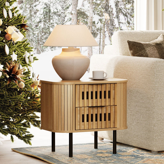 Wampat Modern Side Table with 2 Drawers for Living Room, Wooden Nightstand for Living Room, Oak