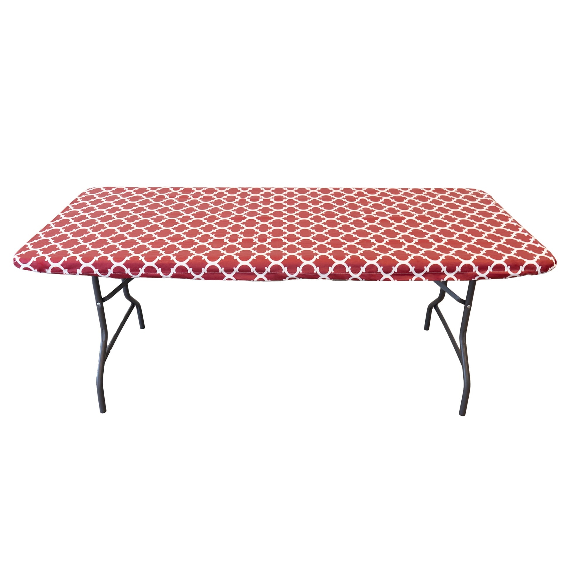 Waverly Inspirations Elastic Fitted Tablecloth Waterproof Vinyl Table Cover With Flannel Backing, 6Ft Table, 72" x 30", Ogee Curl Cranberry, 4 PK