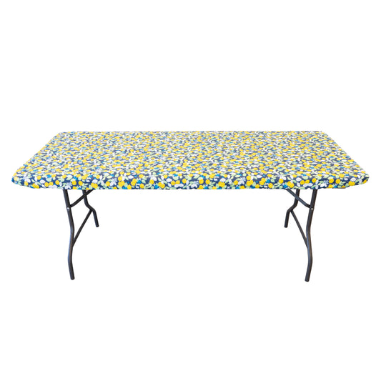 Waverly Inspirations Elastic Fitted Vinyl Table Cover With Flannel Backing, 6Ft Table, 72" x 30", Lemon Tree, 8 PK