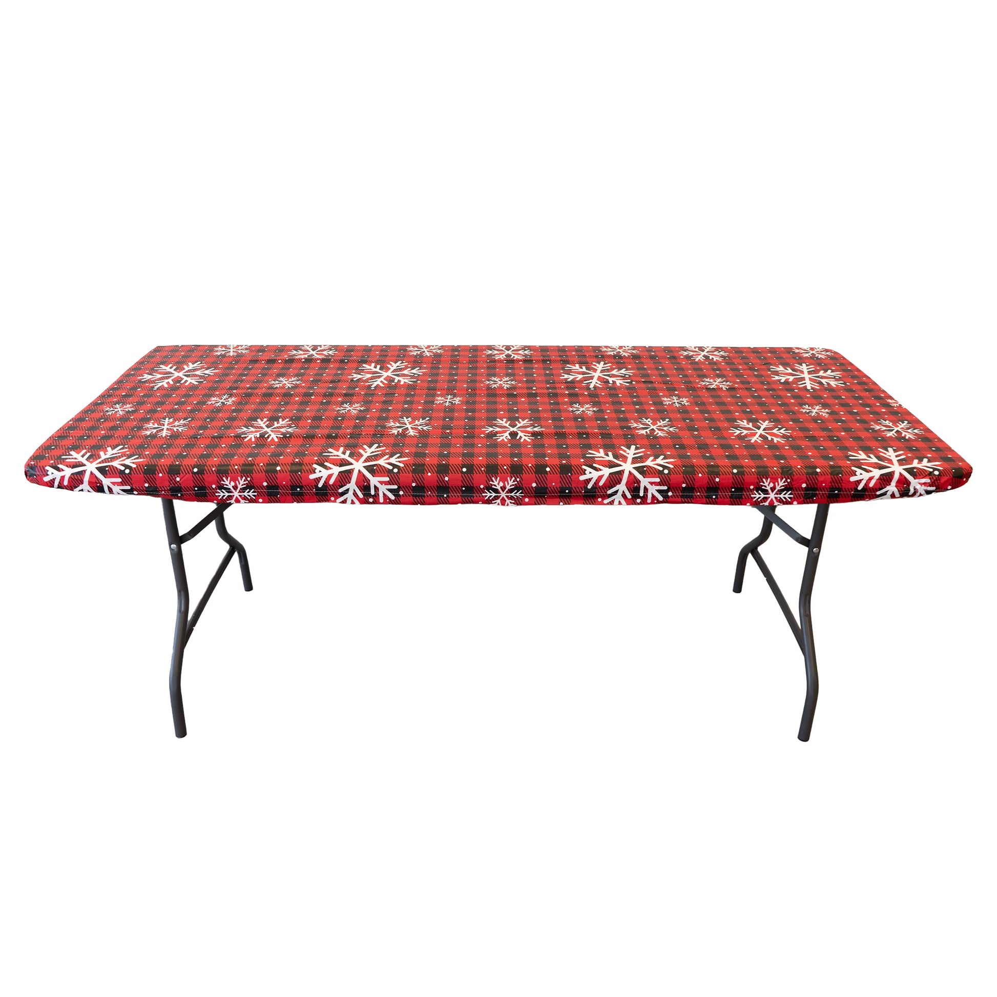 Waverly Inspirations Rectangular Elastic Fitted Table Cover Waterproof Vinyl Tablecloth With Flannel Backing, 6Ft Table, 72" x 30", Snowflake Red, 8 PK
