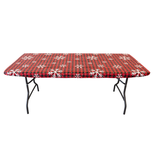 Waverly Inspirations Rectangular Elastic Fitted Table Cover Waterproof Vinyl Tablecloth With Flannel Backing, 6Ft Table, 72" x 30", Snowflake Red, 8 PK