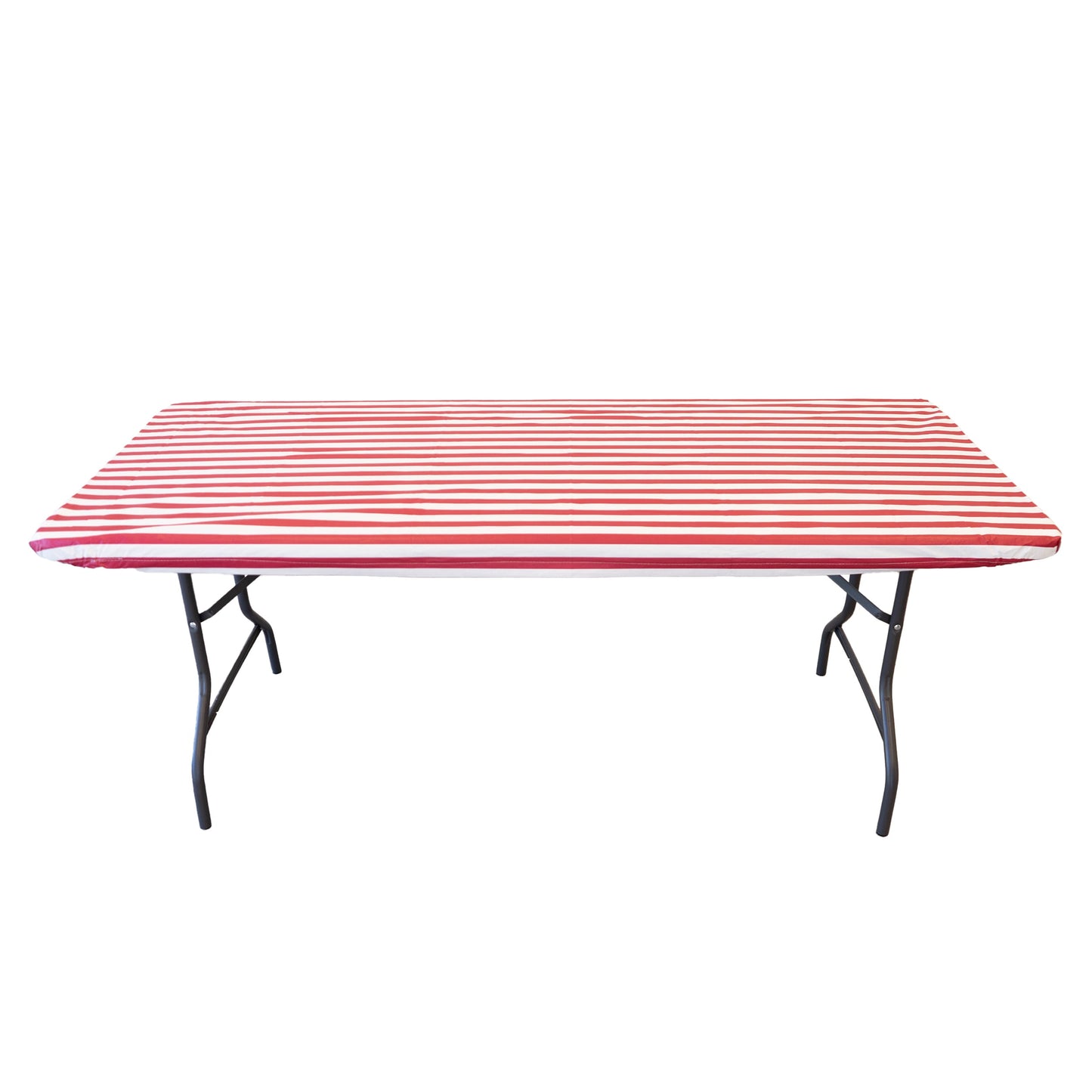 Waverly Inspirations Rectangular Elastic Fitted Table Cover Waterproof Vinyl Tablecloth With Flannel Backing, 6Ft Table, 72" x 30", White/Red Stripe, 8 PK