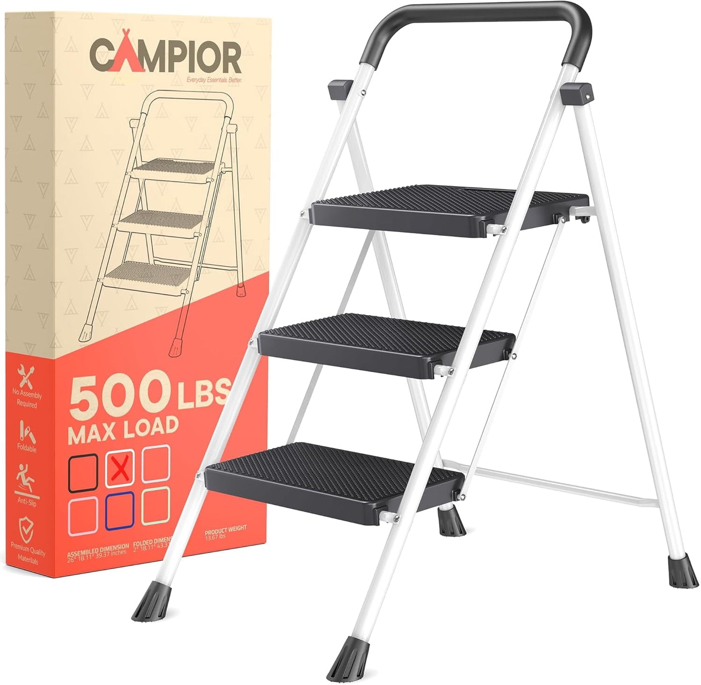 White 3 Step Stool Foldable â€“ Heavy-Duty Foldable Step Stool, 500 lbs Capacity, Anti-Slip Feet & Wide Steps, Sturdy Steel Frame, Lightweight & Space-Saving Design for Home, Kitchen & Garage