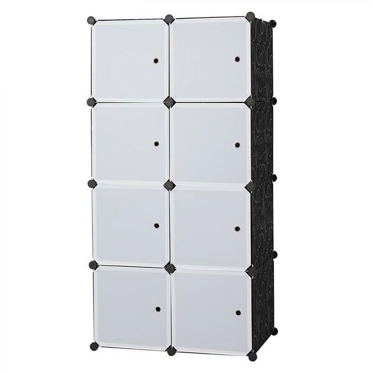 White/Black 8-Cube Stackable Plastic Storage Shelves - Modular Closet Organizer with Hanging Rod & Doors, Multifunctional for Bedroom, Living Room & Kids Room