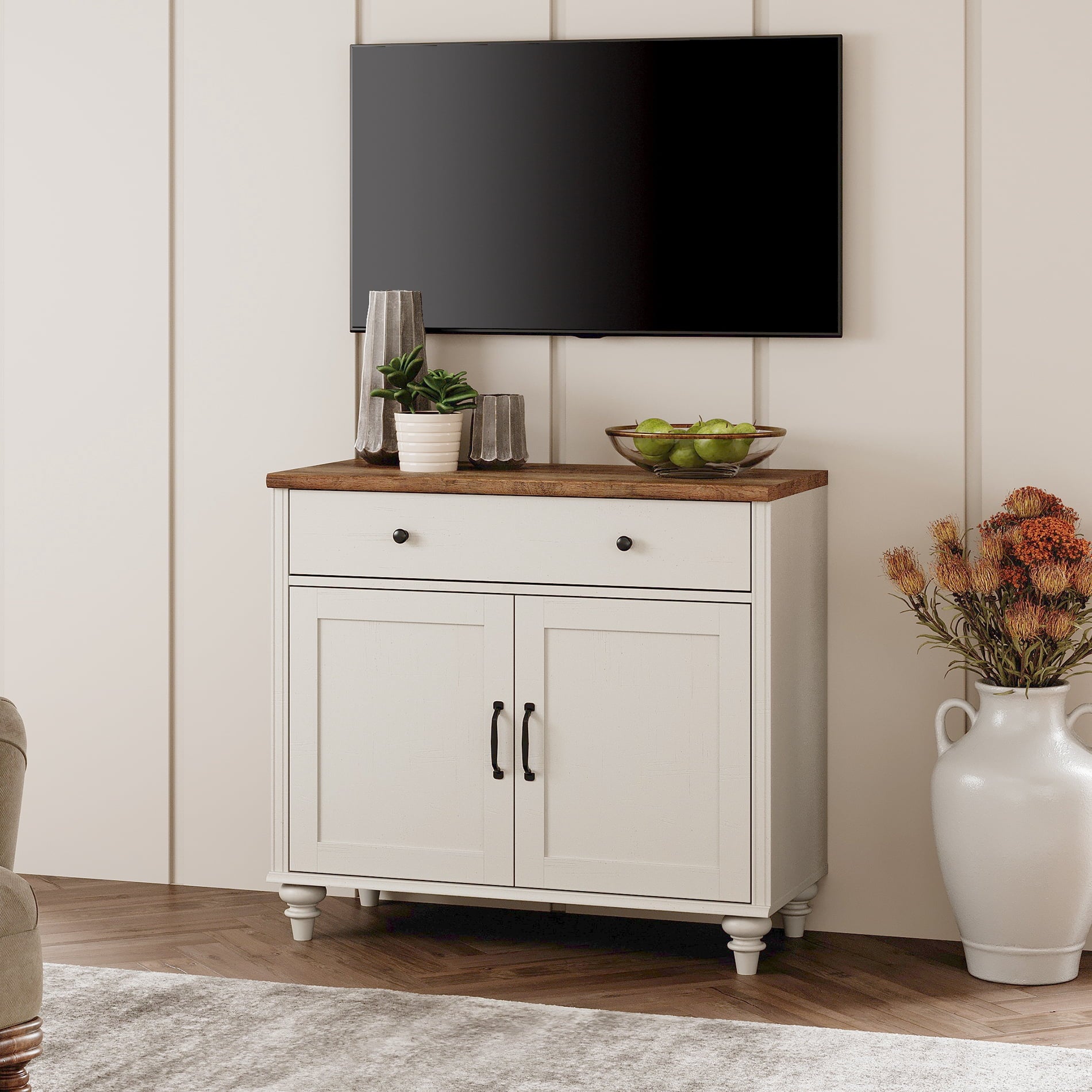 White Farmhouse TV Stand for 43 inch TV with Drawer & Doors