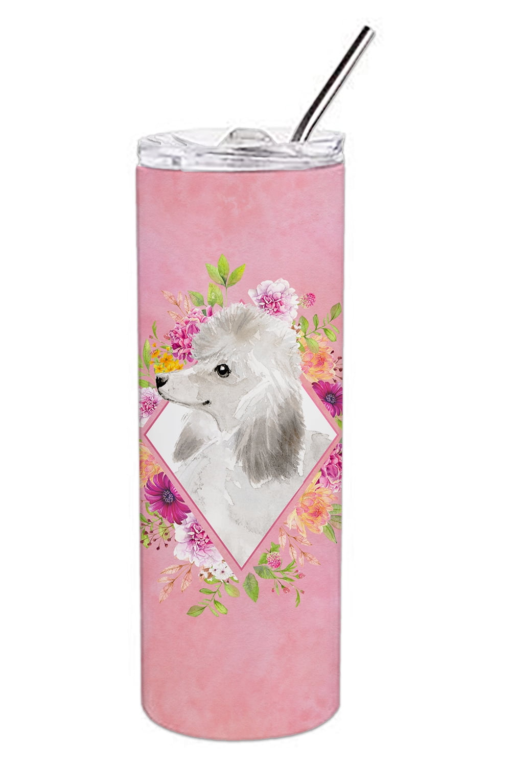 White Standard Poodle Pink Flowers Double Walled Stainless Steel 20 oz Skinny Tumbler