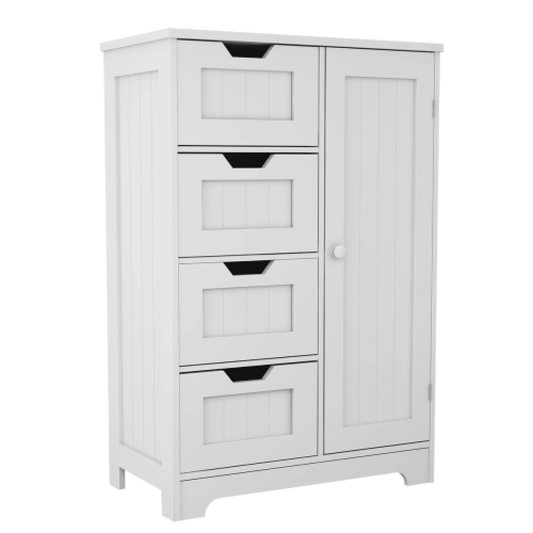 White freestanding floor storage cabinet with adjustable shelve
