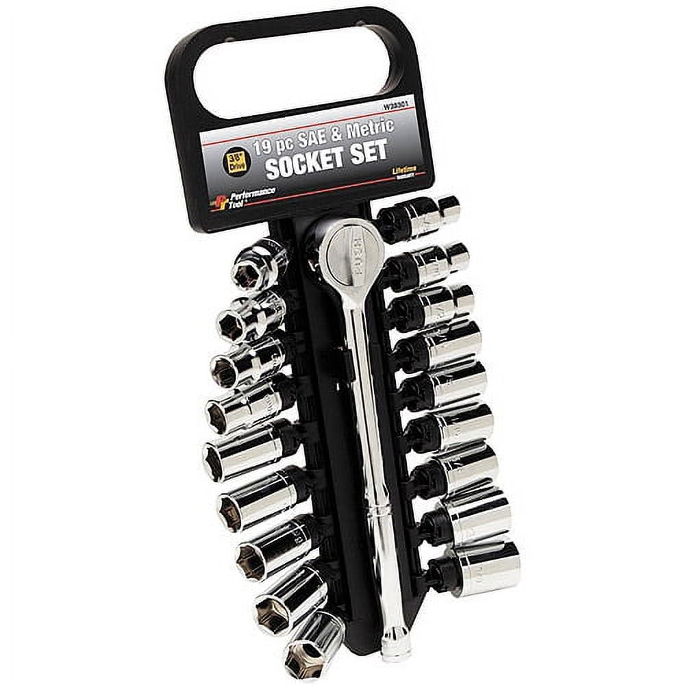 Performance Tool W38301 19 Piece 3/8" Drive SAE and Metric 6 Point Socket Set with Ratchet