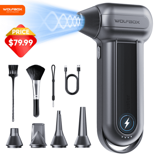 WolfBox Compressed Air Duster, 150000RPM Handheld Cordless Vacuum Cleaner, Rechargeable Long Life Extra Powerful Electric Blower, Mini Car Vacuum Cleaner with Multi-Nozzles for Car, Black