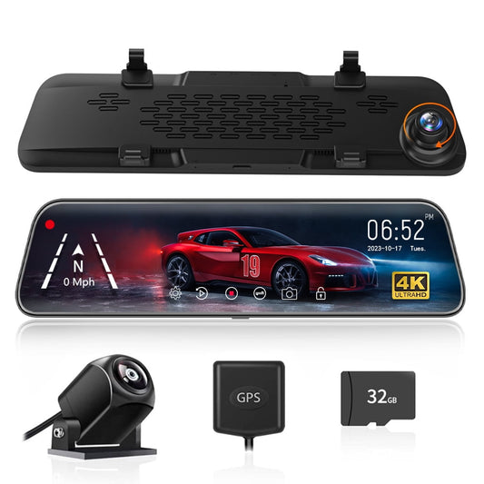 WolfBox 11.8" Rear View Mirror Dash Cam Front and Rear with Touch Screen, 4K+1080P Dash Camera for Cars & Trucks, Dashcam with Night Vision, 24H Parking Mode, 32GB Card Black