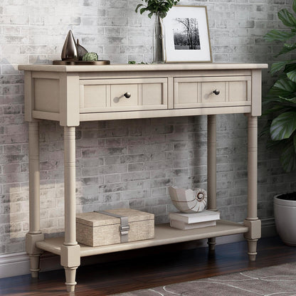 Wooden Console Table with 2 Drawers and Storage Shelf, Sofa Table Entryway Table Side Desk TV Stand for Living Room Hallway,Ivory White