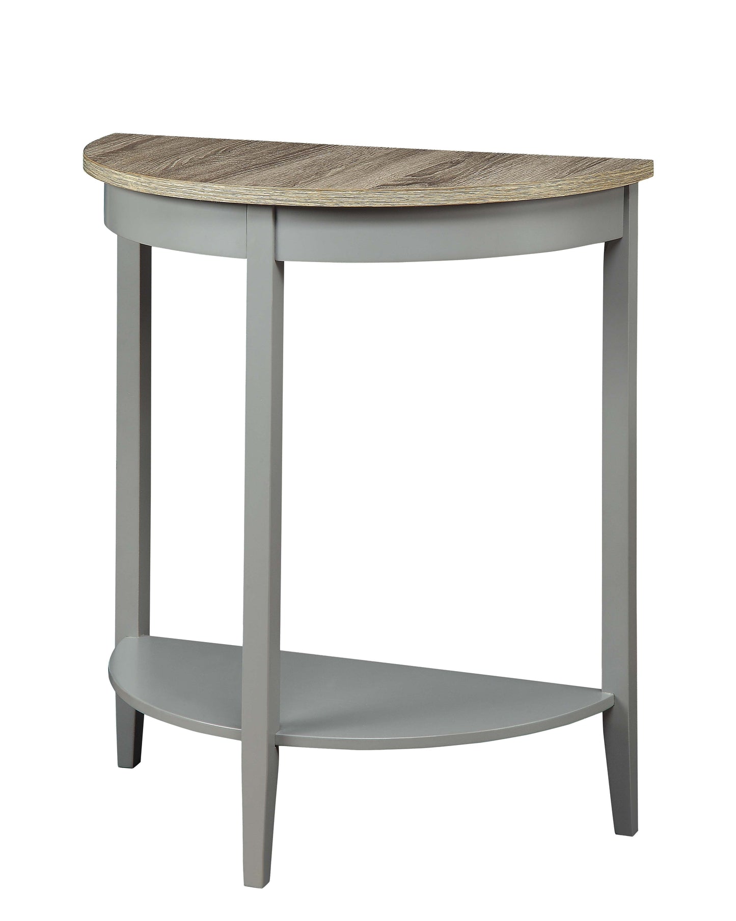 ACME Justino Half Moon Wooden Console Table with Bottom Shelf in Gray Oak