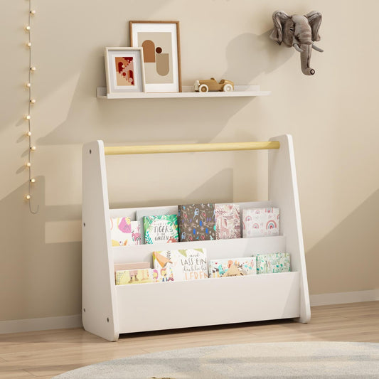 Wooden Handle Bookshelf, 2-Tier Front-Facing Toddler Bookcase Rack, Portable Book Storage Display Organizer for Playroom Nursery Classroom, White