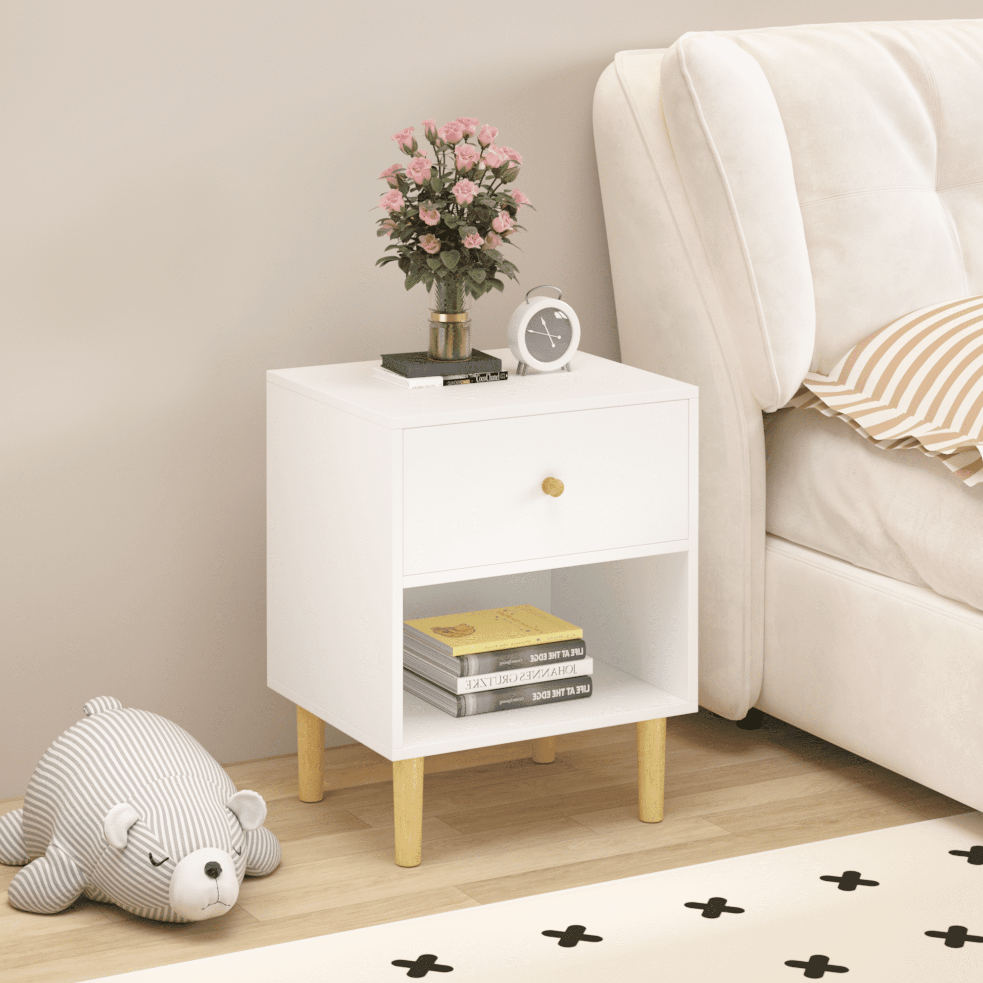Wooden Nightstand with One Drawer One Shelf for Kids, Adults