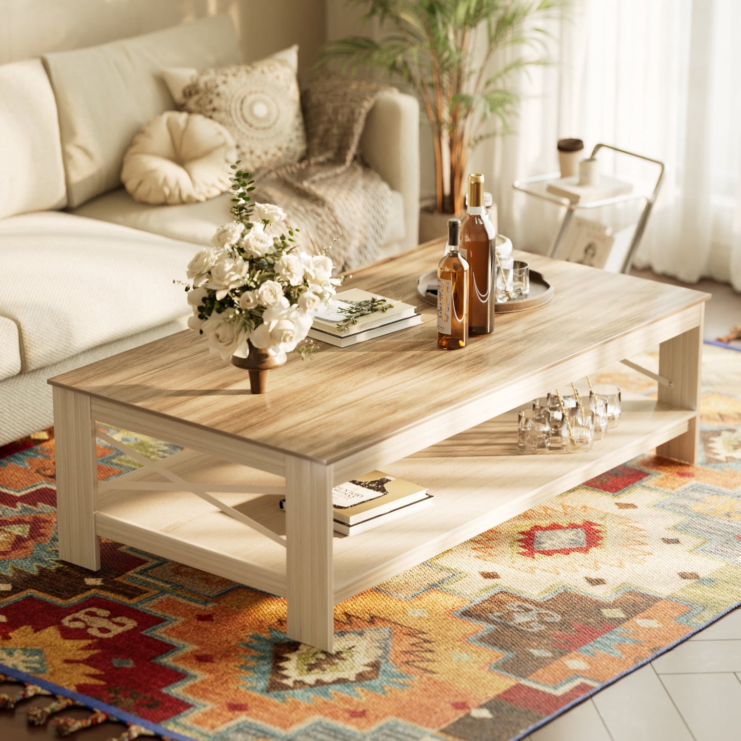 Nimblerest 40"x22" Rectangle Wood Coffee Table with Storage Shelves for Living Room, Beige