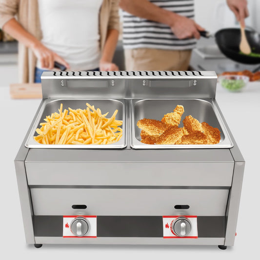 Wuzstar Commercial Gas Deep Fryer w/ Dual Tank & Lid Stainless Steel Countertop Deep Fryer 2*6L for Restaurant and Home Kitchen
