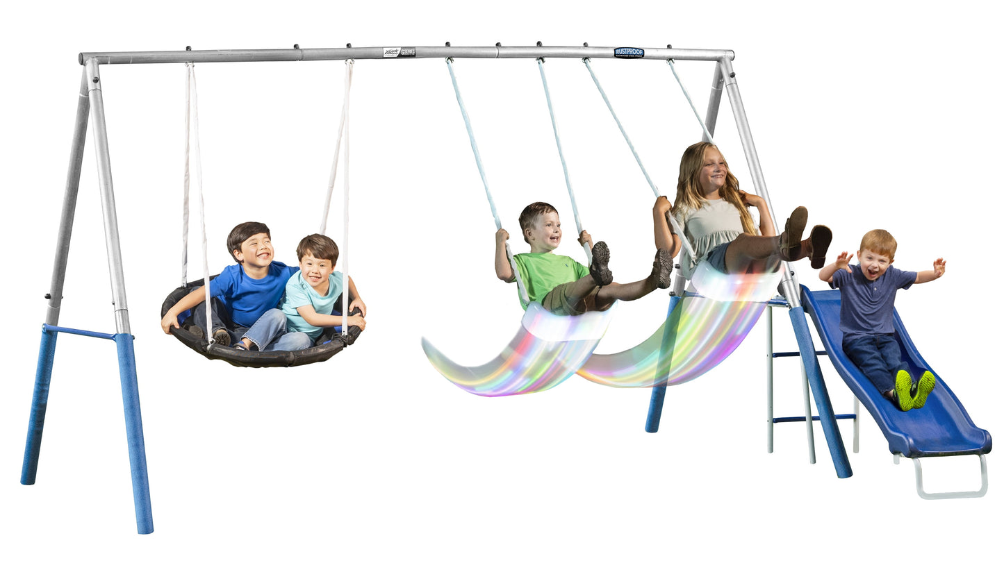 XDP Recreation Firefly Metal Frame Swing Set with  2 Firefly™-LED Swing Seats, Super Disc Swing, & Wave Slide