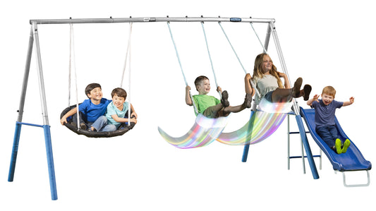 XDP Recreation Firefly Metal Frame Swing Set with  2 Firefly™-LED Swing Seats, Super Disc Swing, & Wave Slide