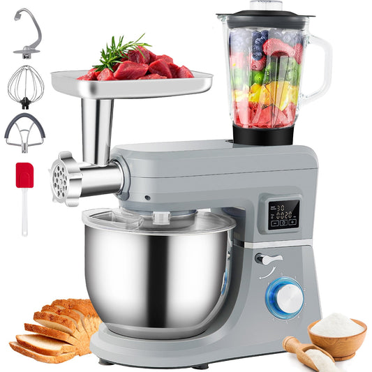XYTREW 3in1 Stand Mixer 7.4Qt LCD Screen Timing 6-Speed Dough Mixer w/ Grinder Juicer
