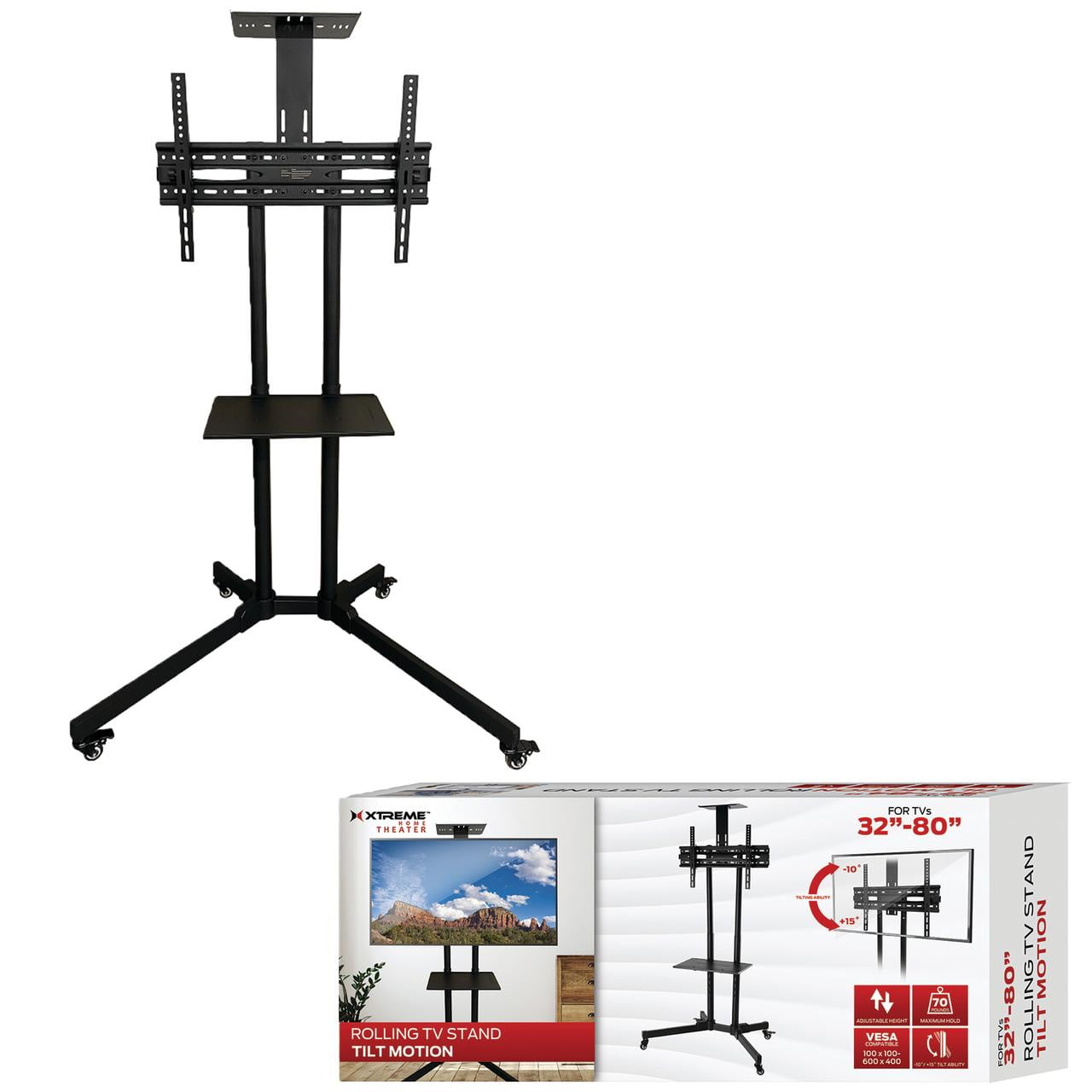 Xtreme Rolling TV Stand with Mount 32â€-80", Portable TV Stand on Wheels with Tilt Lock